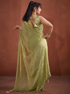 Trendy Pista Green Solid Art Silk Saree With Stylish Belt & Tassel Pallu Detailing