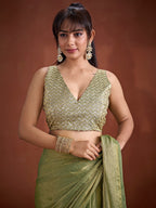 Trendy Pista Green Solid Art Silk Saree With Stylish Belt & Tassel Pallu Detailing