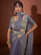 Trendy Greyish Purple Solid Art Silk Saree With Stylish Belt & Tassel Pallu Detailing