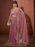 Trendy Onion Pink Green Solid Art Silk Saree With Stylish Belt & Tassel Pallu Detailing