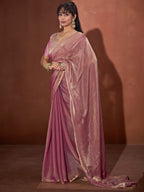 Trendy Onion Pink Green Solid Art Silk Saree With Stylish Belt & Tassel Pallu Detailing