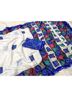 Elegant White & Blue Vichitra Silk Bandhani Saree with Mirror Work