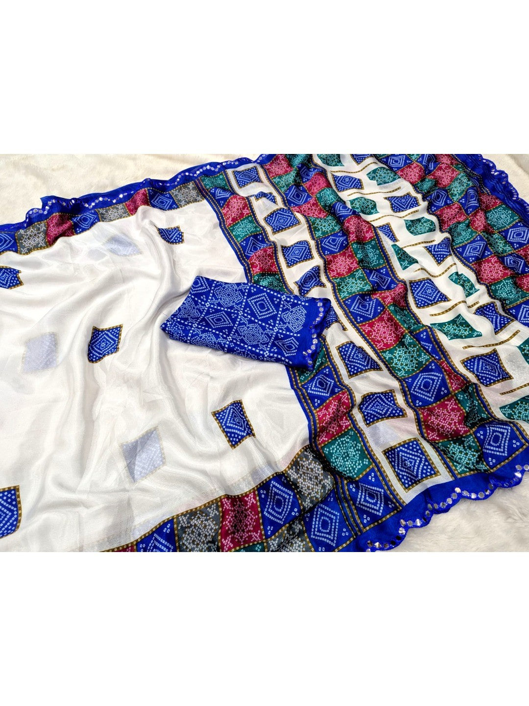 Elegant White & Blue Vichitra Silk Bandhani Saree with Mirror Work