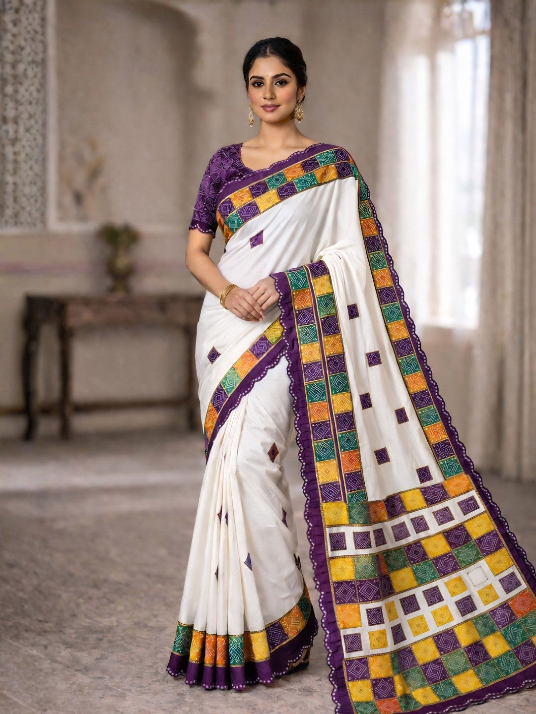 Elegant White & Wine Vichitra Silk Bandhani Saree with Mirror Work Border