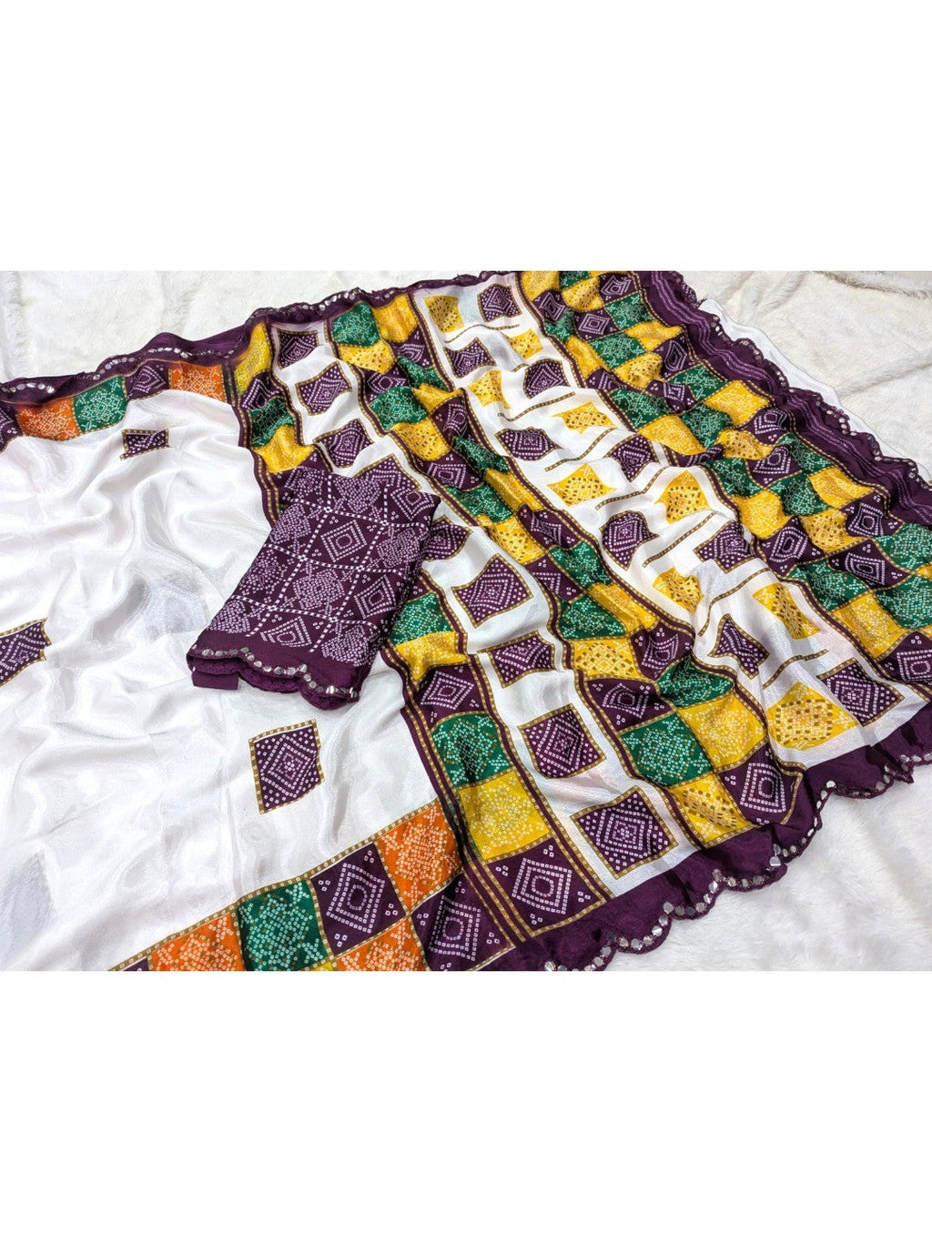 Elegant White & Wine Vichitra Silk Bandhani Saree with Mirror Work Border
