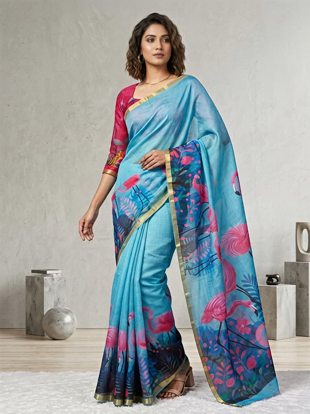 Elegant Blue Linen Saree with Flamingo Print and Golden Border