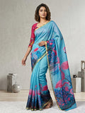 Elegant Blue Linen Saree with Flamingo Print and Golden Border