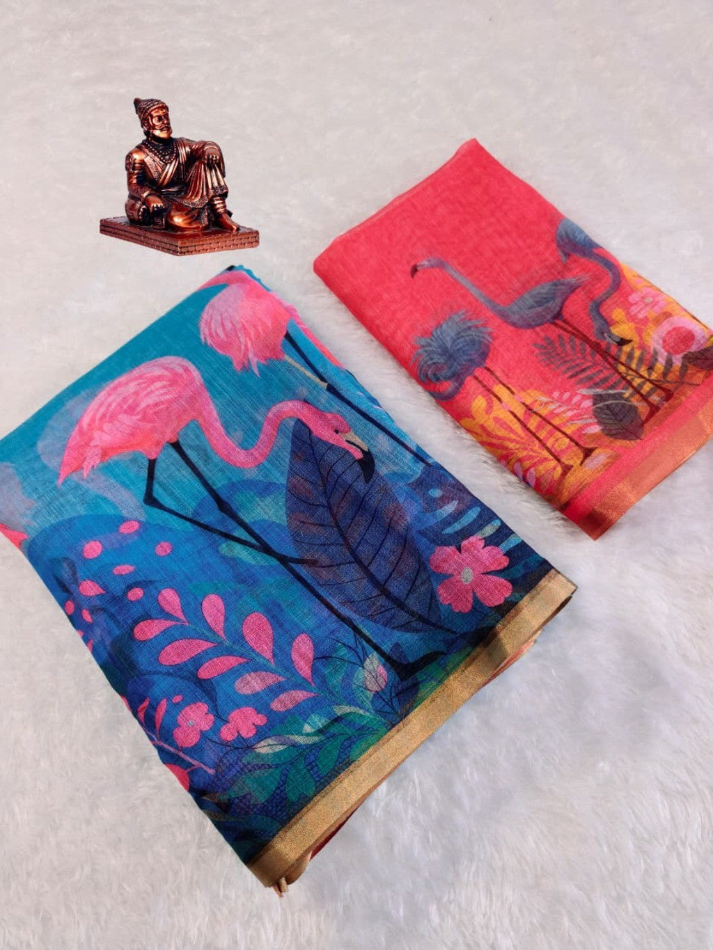 Elegant Blue Linen Saree with Flamingo Print and Golden Border