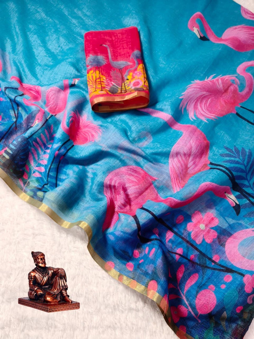 Elegant Blue Linen Saree with Flamingo Print and Golden Border