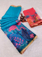 Elegant Blue Linen Saree with Flamingo Print and Golden Border