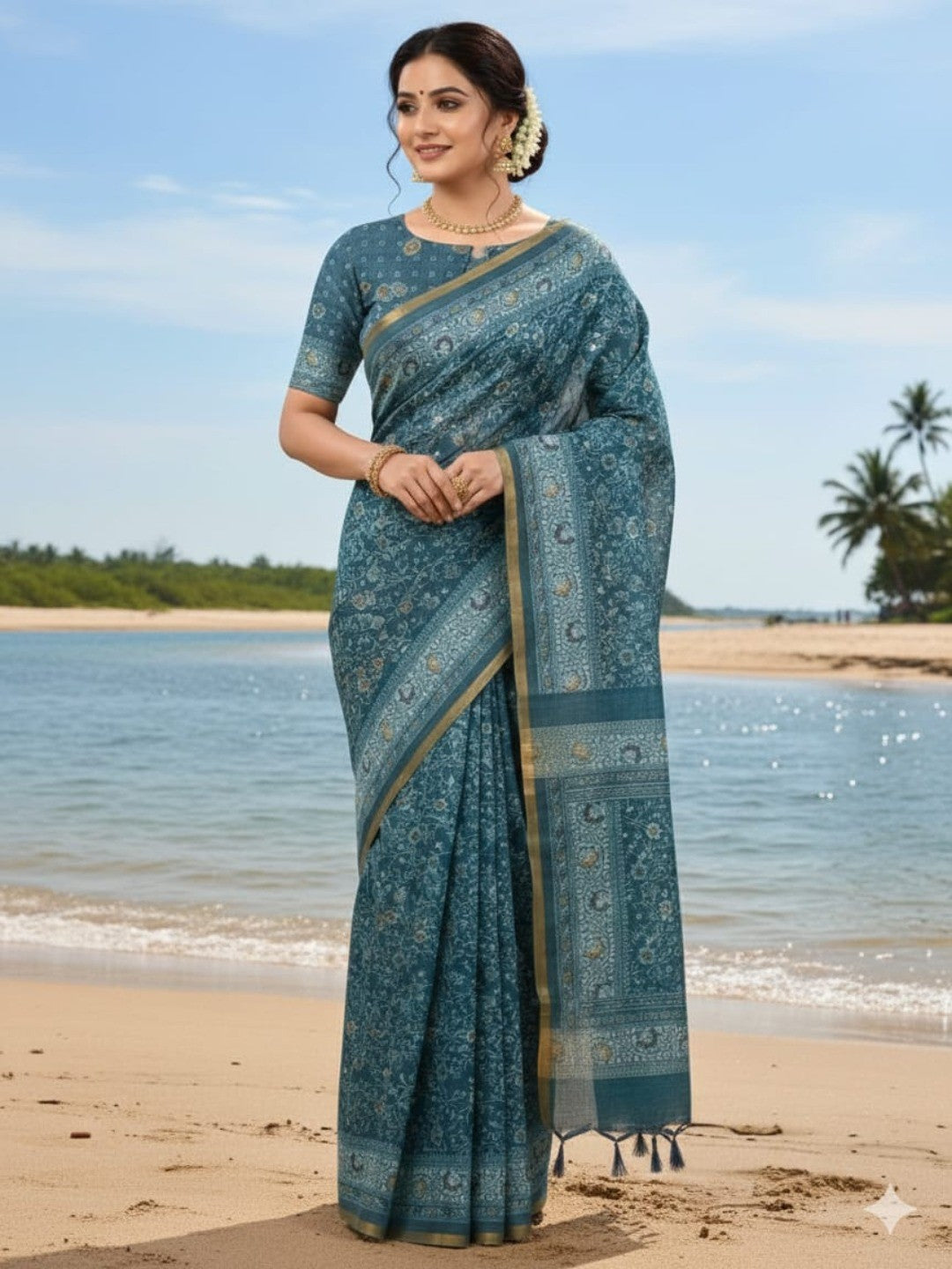 Elegant Blue Linen Saree with Floral Print and Golden Border
