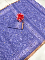 Elegant Purple Linen Saree with Floral Print and Border Detail