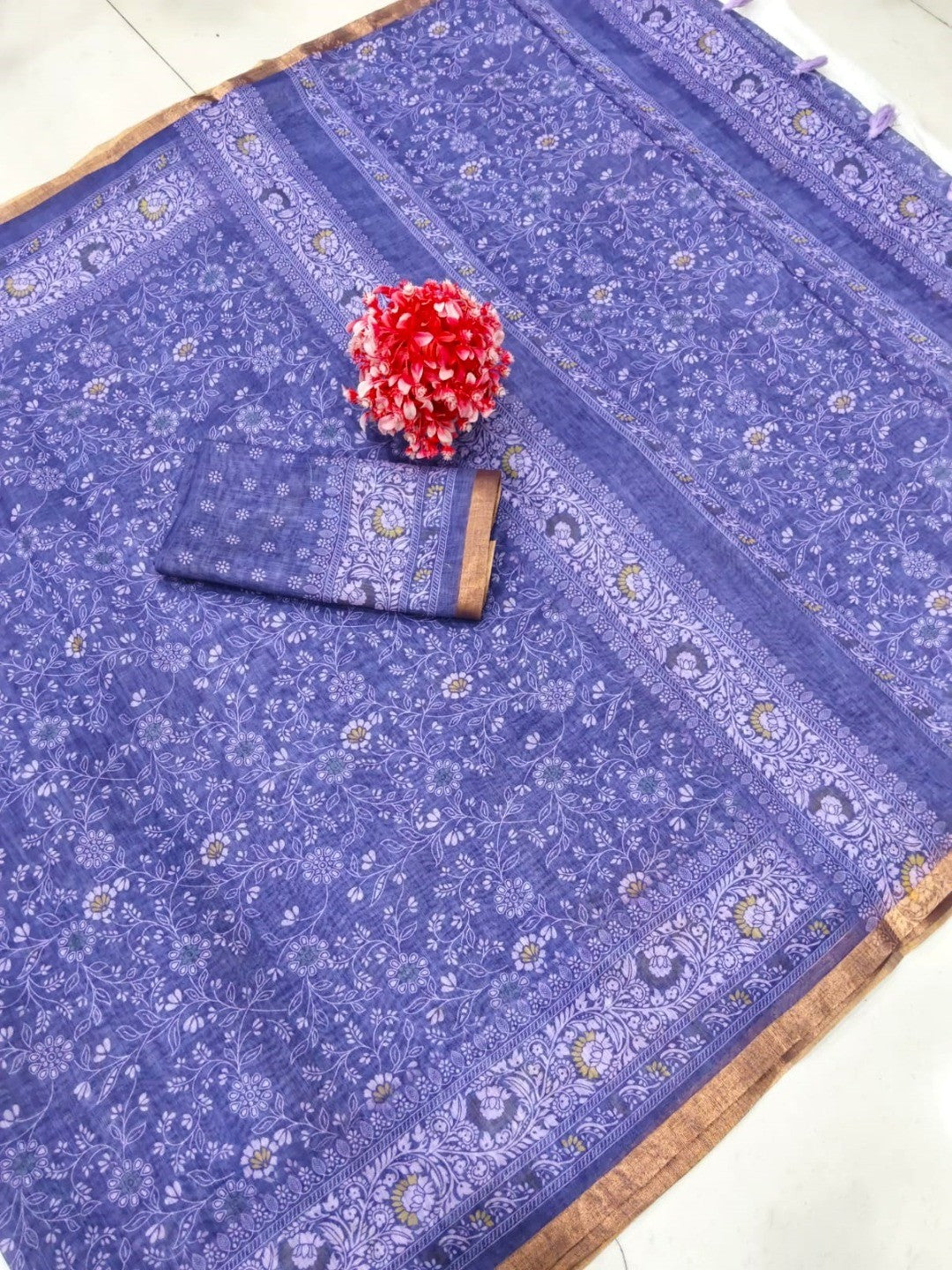 Elegant Purple Linen Saree with Floral Print and Border Detail