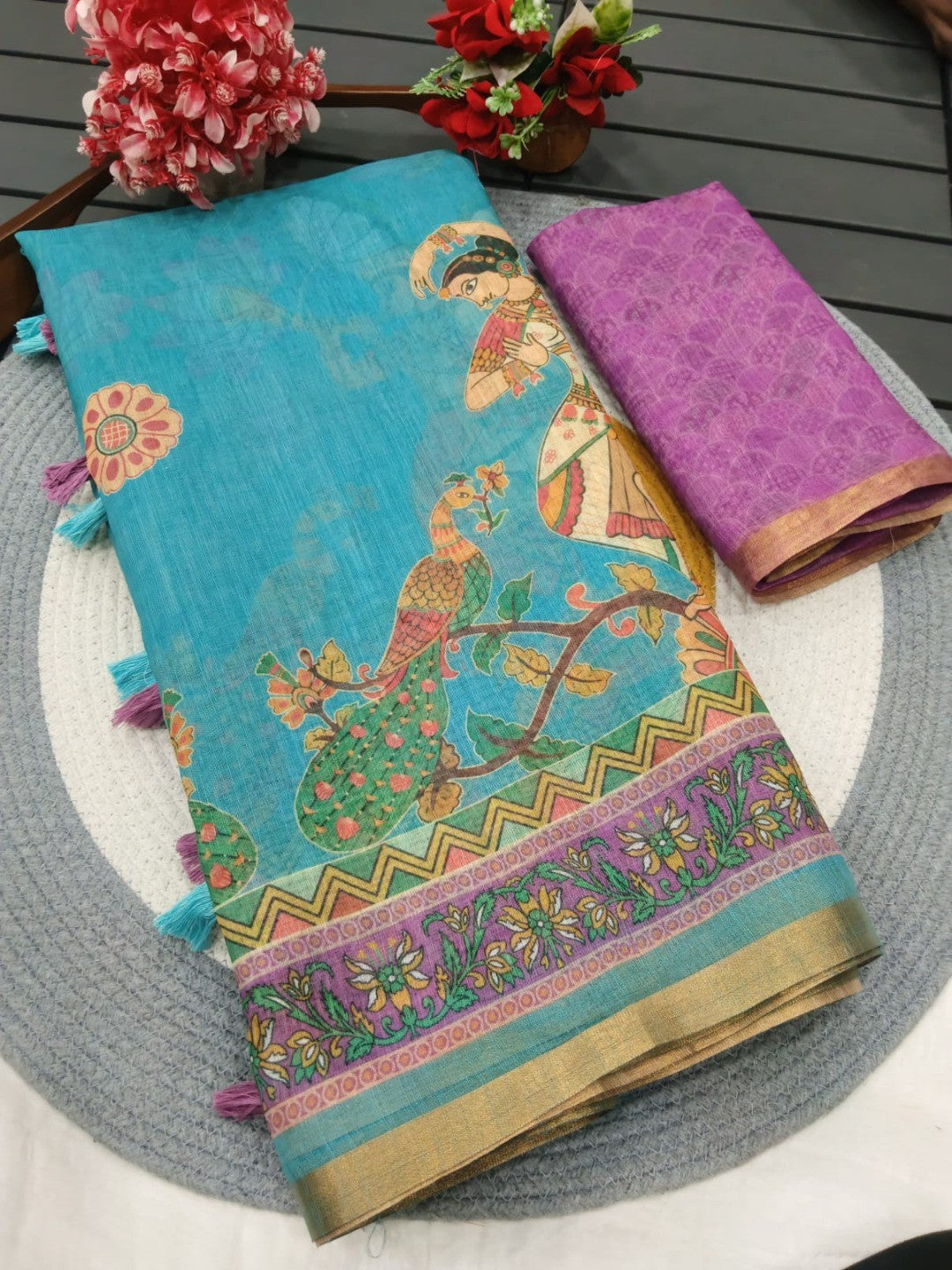 Aqua Blue Linen Saree with Printed Border and Pallu