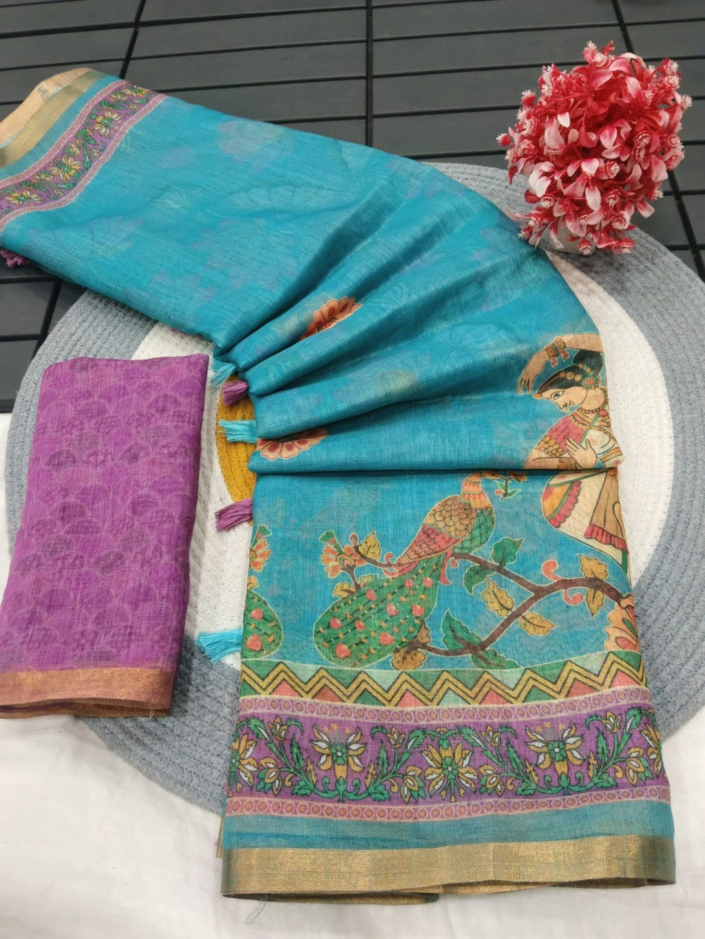 Aqua Blue Linen Saree with Printed Border and Pallu