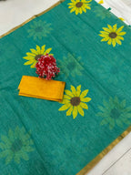 Rama Blue Linen Saree with Sunflower Print and Golden Border