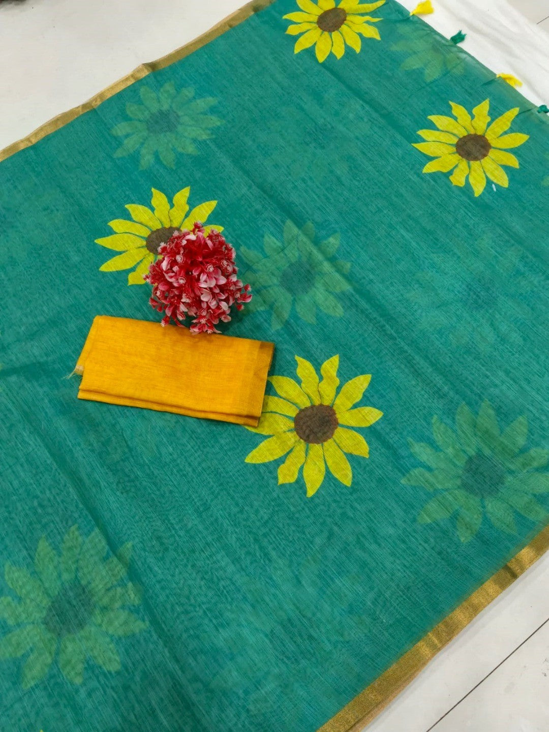 Rama Blue Linen Saree with Sunflower Print and Golden Border