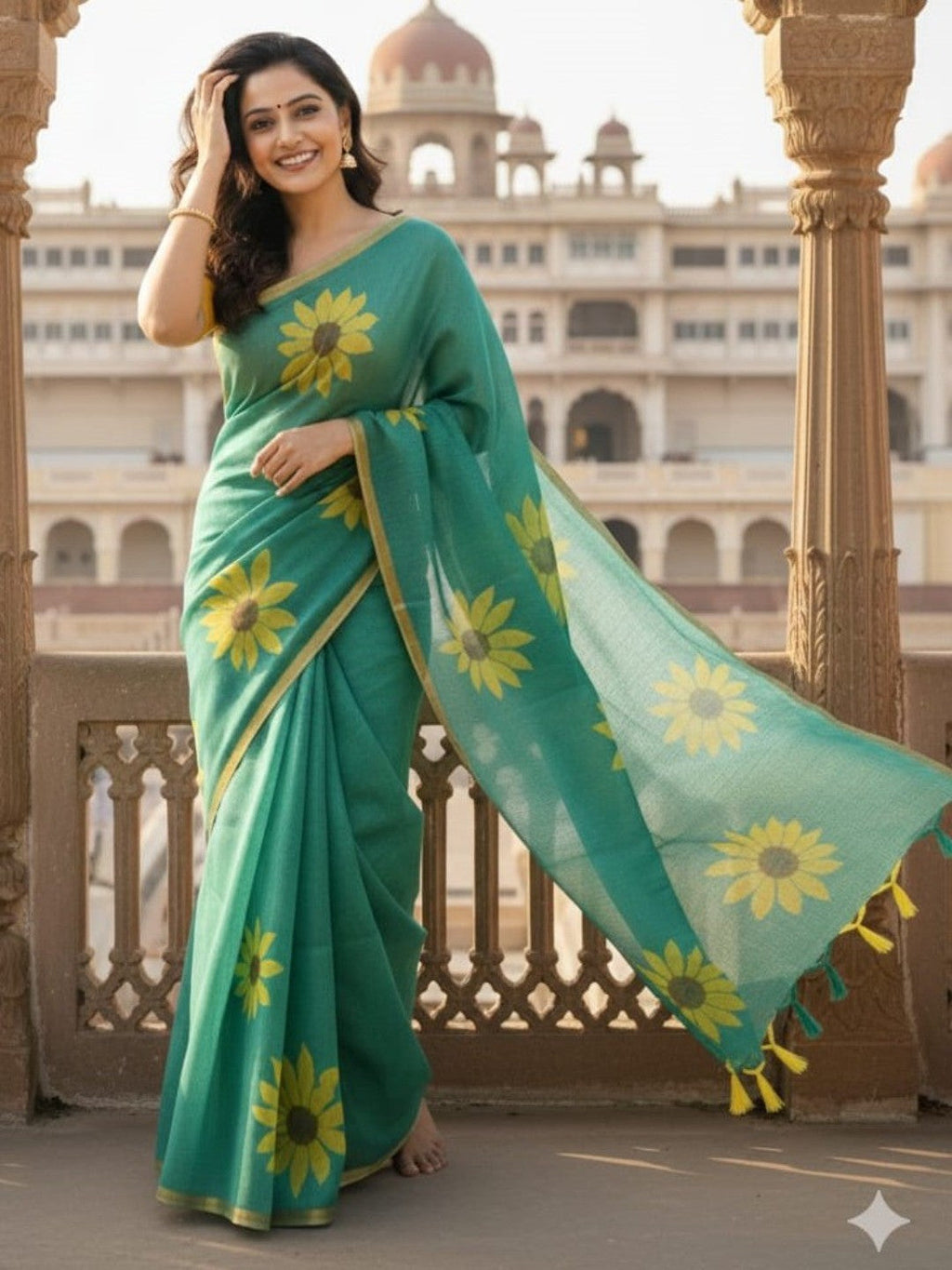 Rama Blue Linen Saree with Sunflower Print and Golden Border