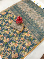 Elegant Blue Floral Printed Linen Saree with Border Detail