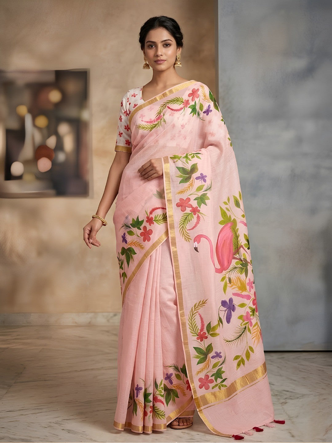 Elegant Peach Floral & Flamingo Digital Printed Linen Saree with Artistic Detailing