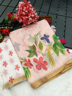 Elegant Peach Floral & Flamingo Digital Printed Linen Saree with Artistic Detailing