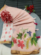 Elegant Peach Floral & Flamingo Digital Printed Linen Saree with Artistic Detailing