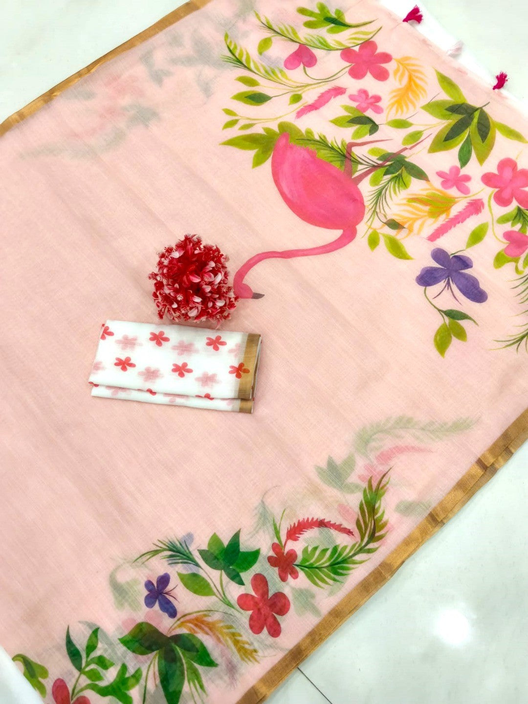 Elegant Peach Floral & Flamingo Digital Printed Linen Saree with Artistic Detailing