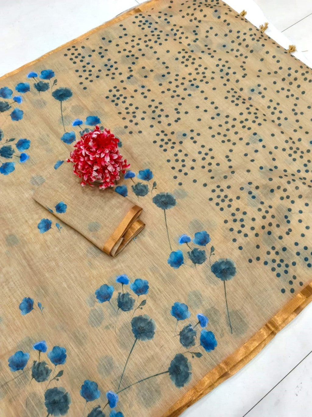 Elegant Beige Linen Saree with Blue Floral Print and Golden Border