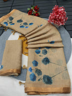 Elegant Beige Linen Saree with Blue Floral Print and Golden Border