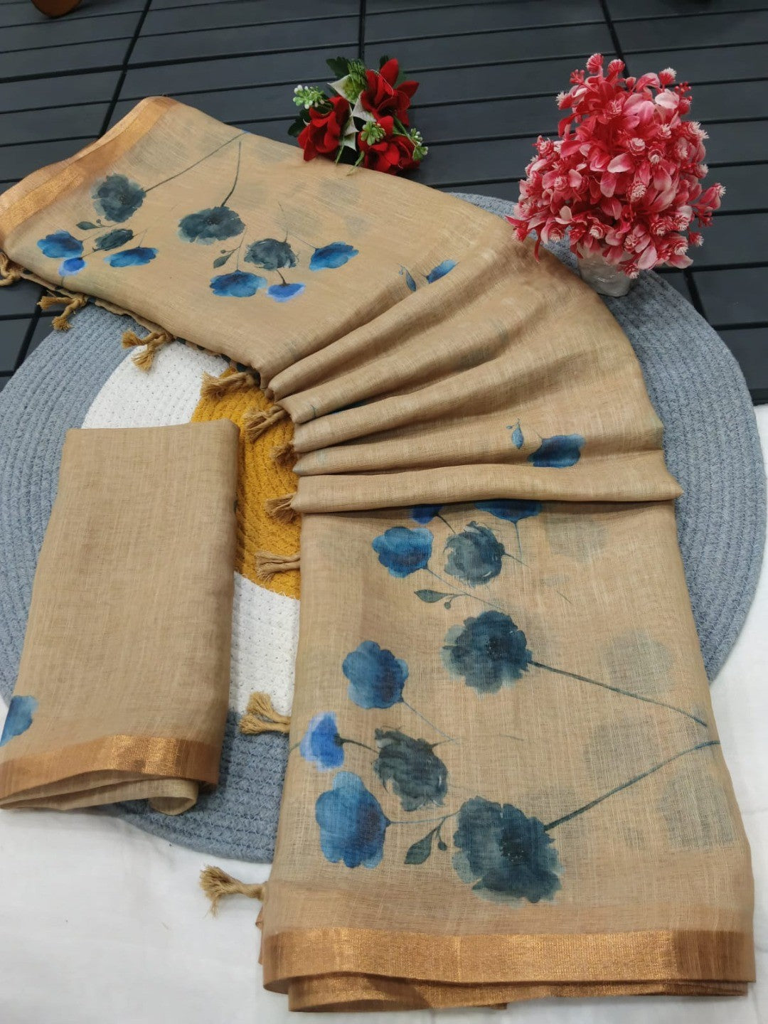 Elegant Beige Linen Saree with Blue Floral Print and Golden Border