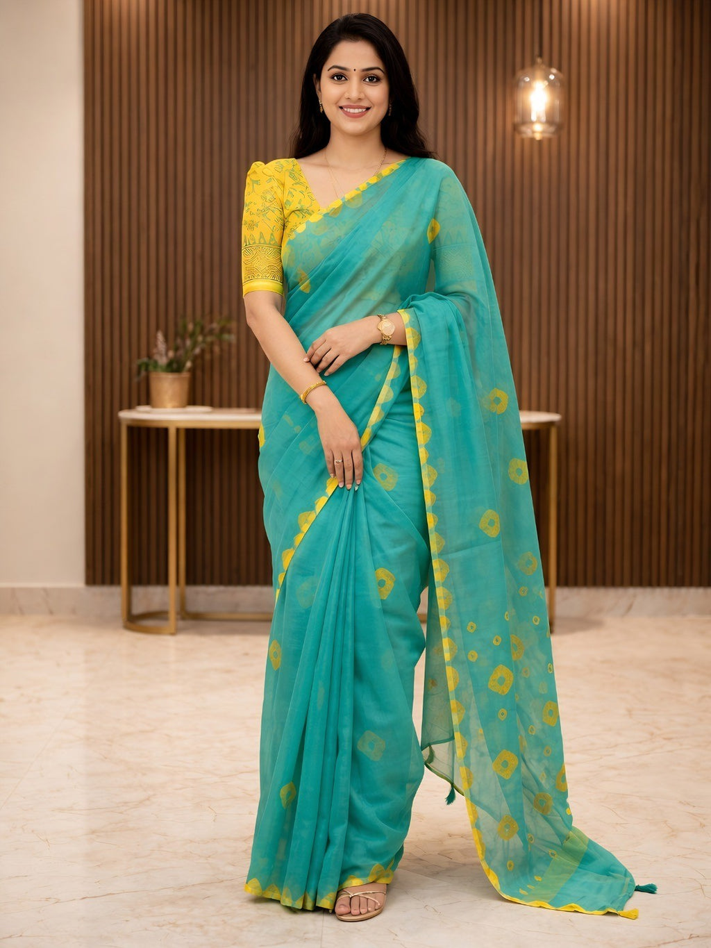 Elegant Green Linen Saree with Yellow Bandhani Print