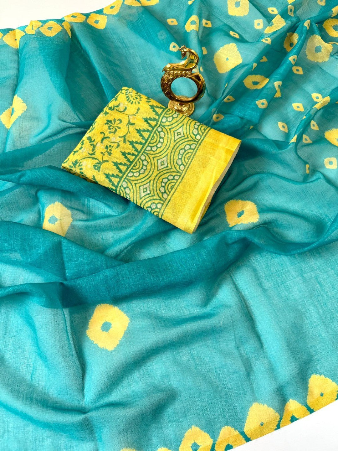 Elegant Green Linen Saree with Yellow Bandhani Print