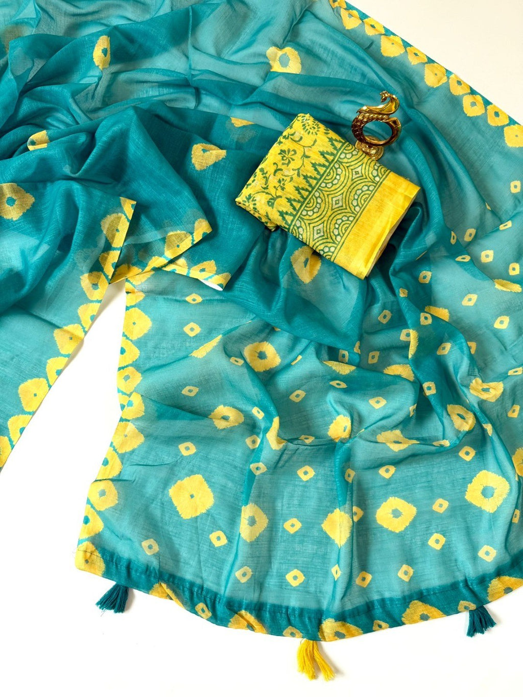 Elegant Green Linen Saree with Yellow Bandhani Print