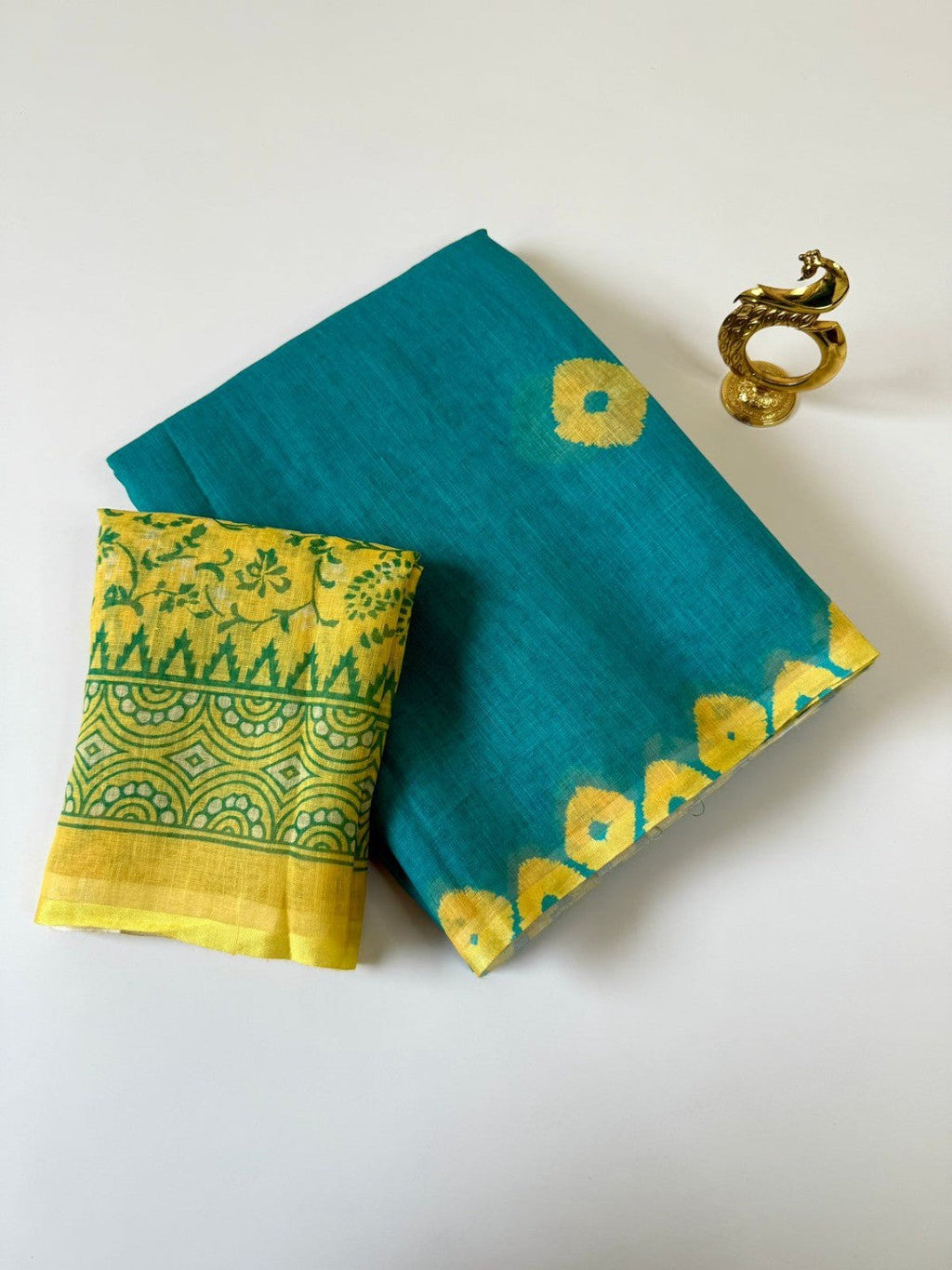 Elegant Green Linen Saree with Yellow Bandhani Print