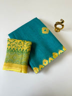 Elegant Green Linen Saree with Yellow Bandhani Print