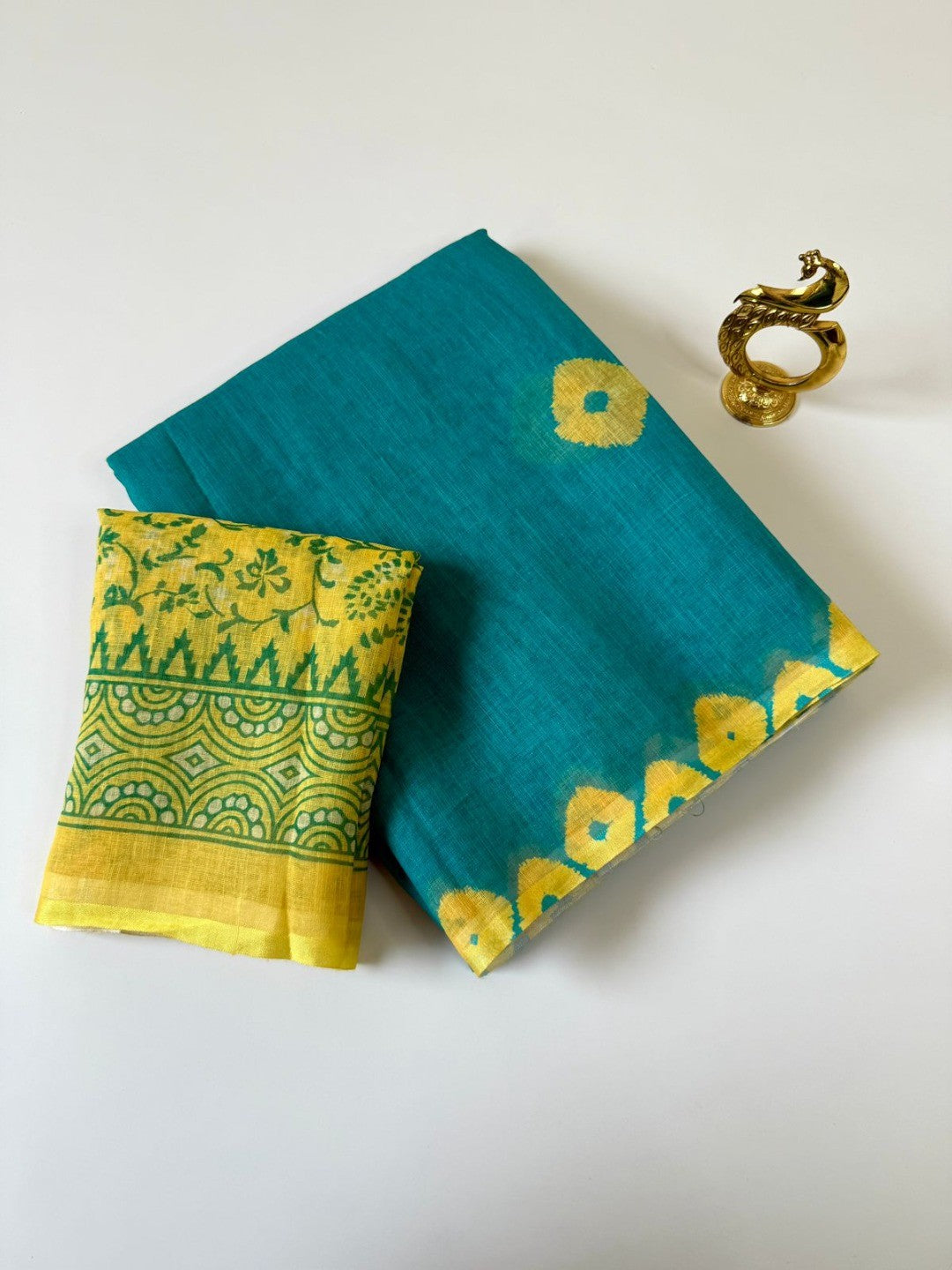Elegant Green Linen Saree with Yellow Bandhani Print