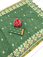 Elegant Green Linen Saree with Floral Border Print