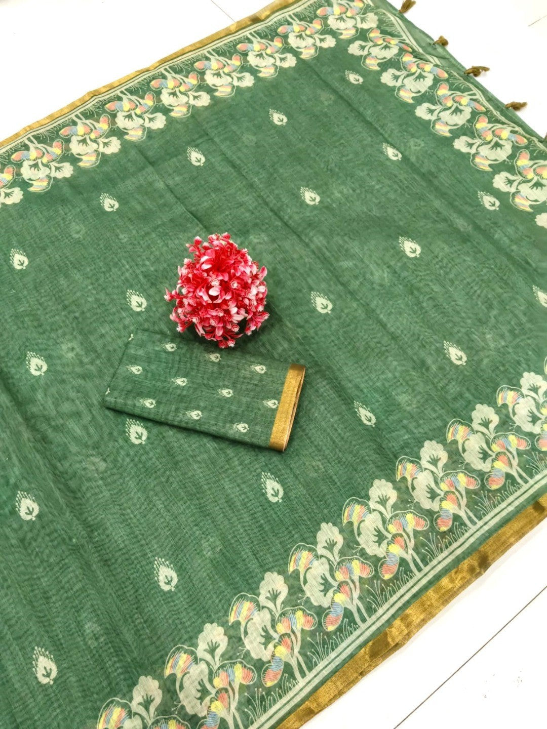 Elegant Green Linen Saree with Floral Border Print