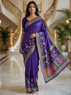 Premium Violet Bandhani & Floral Printed Dola Silk Saree With Rich Foil Work