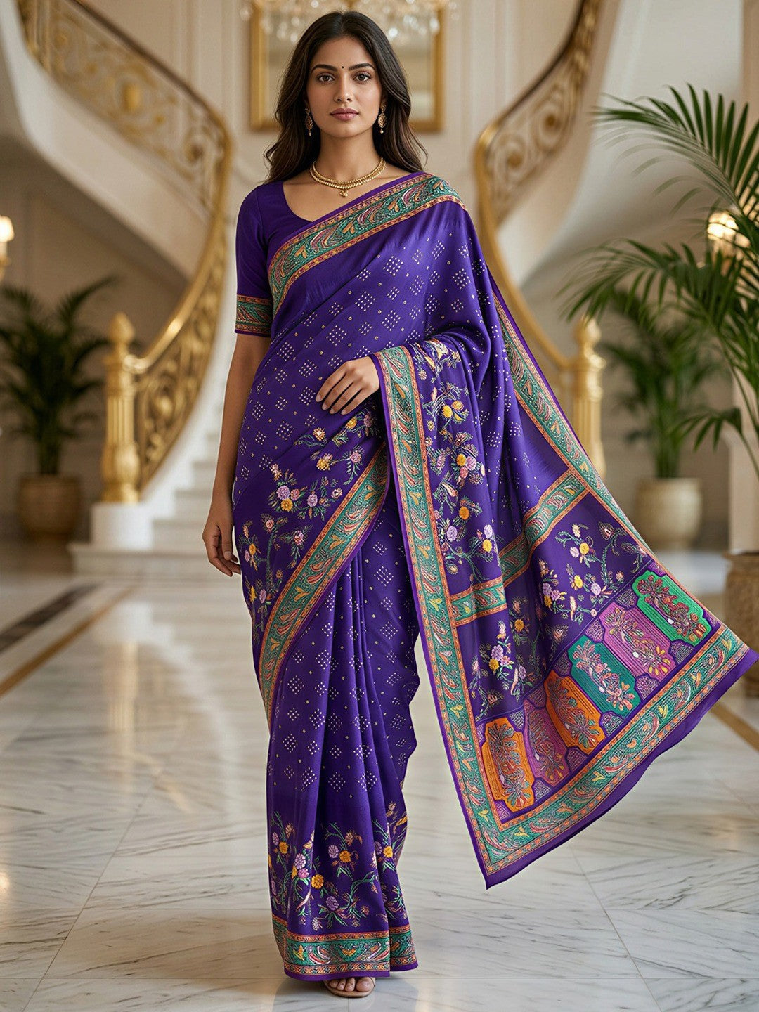 Premium Violet Bandhani & Floral Printed Dola Silk Saree With Rich Foil Work