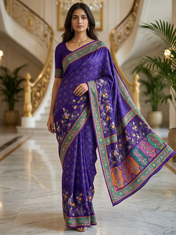 Premium Violet Bandhani & Floral Printed Dola Silk Saree With Rich Foil Work