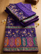 Premium Violet Bandhani & Floral Printed Dola Silk Saree With Rich Foil Work