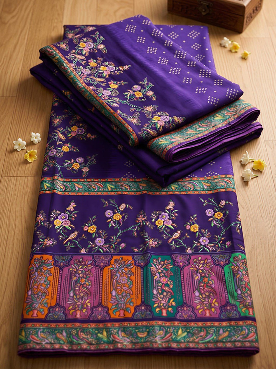 Premium Violet Bandhani & Floral Printed Dola Silk Saree With Rich Foil Work