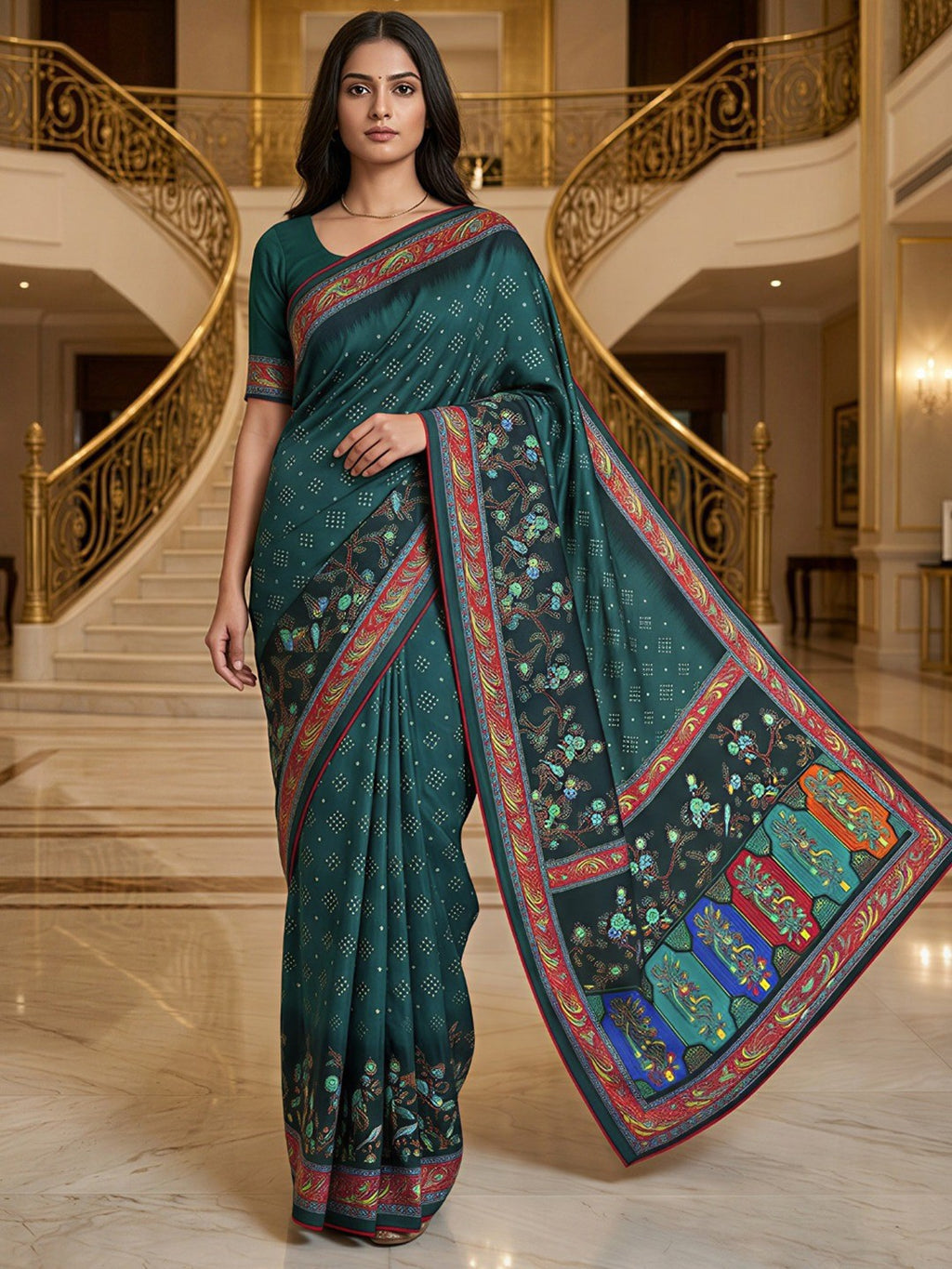 Premium Teal Bandhani & Floral Printed Dola Silk Saree With Rich Foil Work
