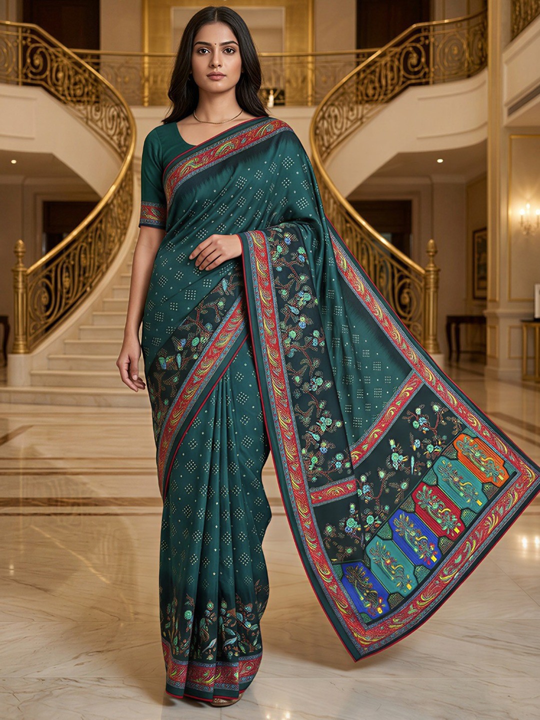 Premium Teal Bandhani & Floral Printed Dola Silk Saree With Rich Foil Work