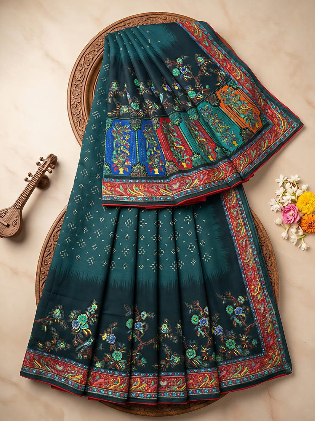 Premium Teal Bandhani & Floral Printed Dola Silk Saree With Rich Foil Work