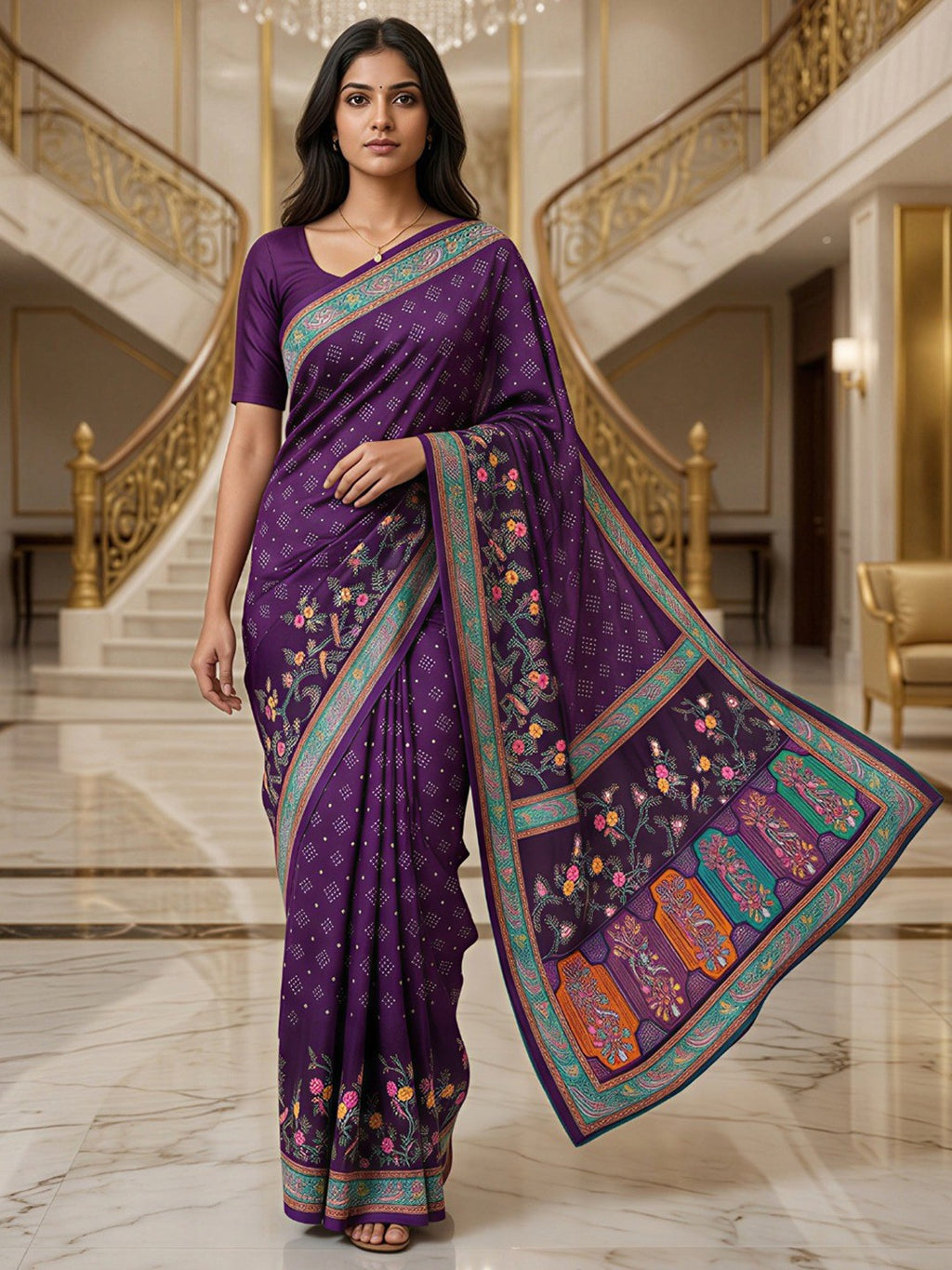 Premium Purple Bandhani & Floral Printed Dola Silk Saree With Rich Foil Work