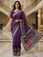 Premium Purple Bandhani & Floral Printed Dola Silk Saree With Rich Foil Work