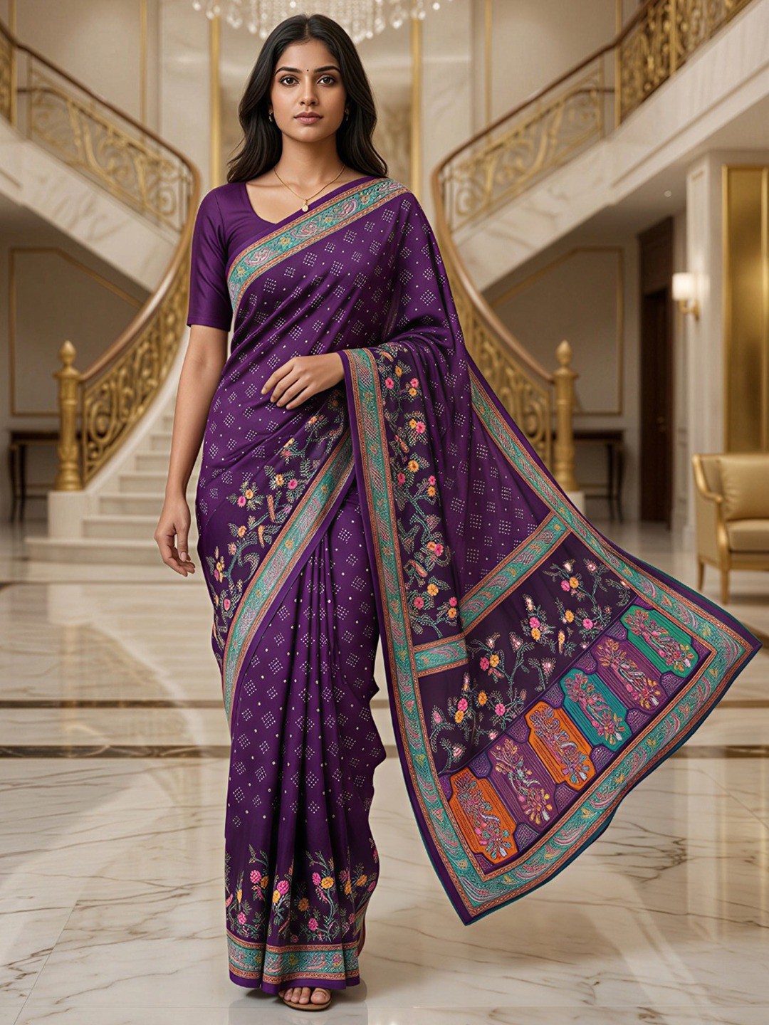 Premium Purple Bandhani & Floral Printed Dola Silk Saree With Rich Foil Work