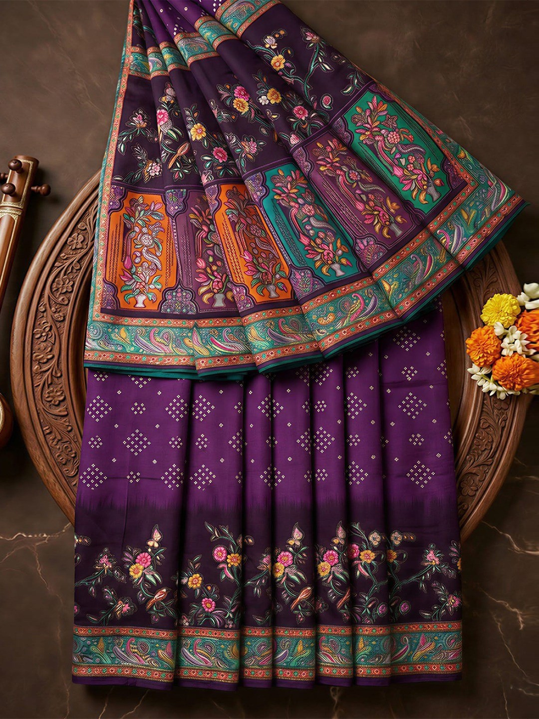 Premium Purple Bandhani & Floral Printed Dola Silk Saree With Rich Foil Work
